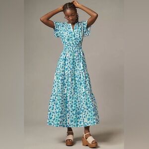 Anthropologie Somerset Maxi in Blue Green Stripe Floral Cotton Tier Dress Size S